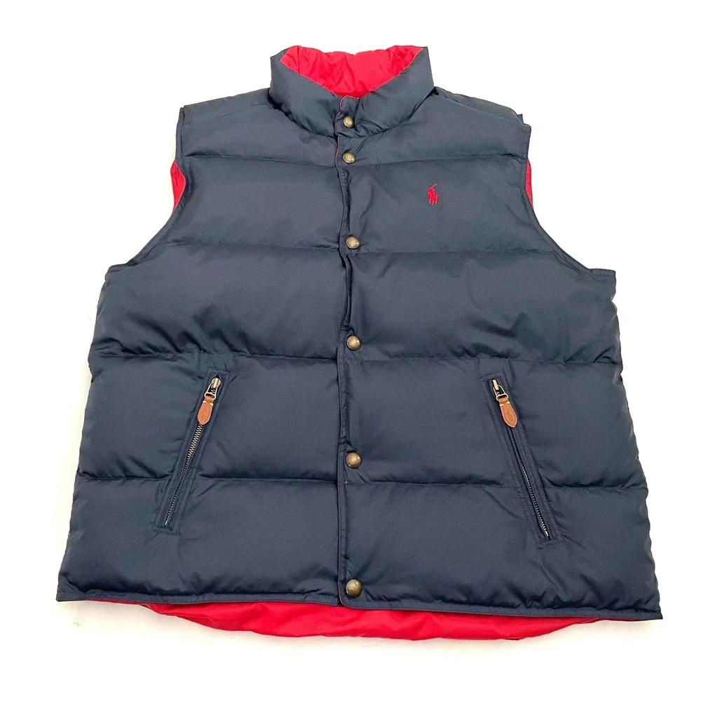 Polo Ralph Lauren Reversible Down Puffer Vest XL Navy Blue / Red Quilted Preppy